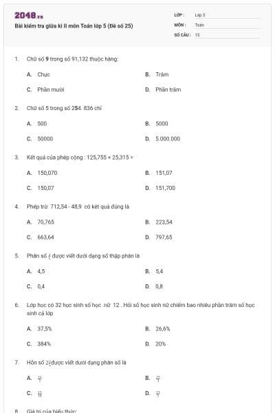 Bài kiểm tra giữa kì II môn Toán lớp 5 (Đề số 25)