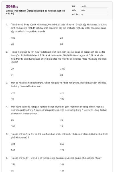 22 câu Trắc nghiệm Ôn tập chương II-Tổ hợp xác suất (có đáp án)