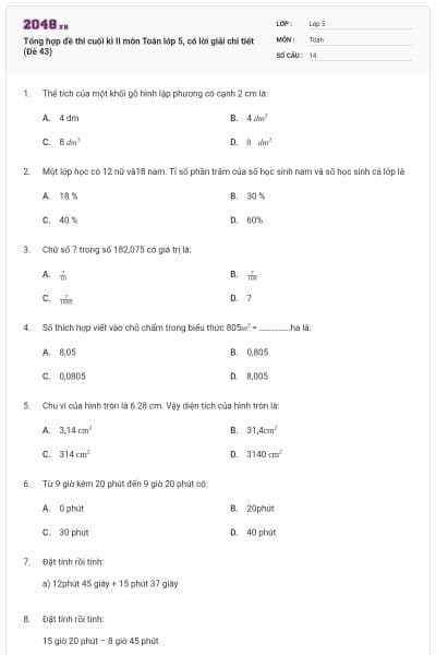 Tổng hợp đề thi cuối kì II môn Toán lớp 5, có lời giải chi tiết (Đề 43)