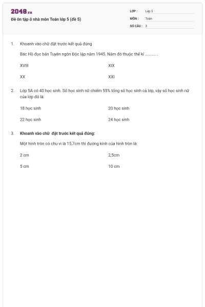 Đề ôn tập ở nhà môn Toán lớp 5 (đề 5)