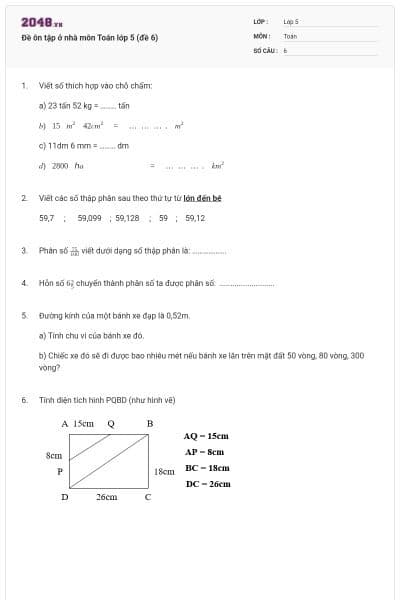 Đề ôn tập ở nhà môn Toán lớp 5 (đề 6)