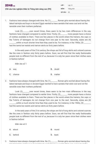 250 câu trắc nghiệm Điền từ Tiếng Anh nâng cao (P8)