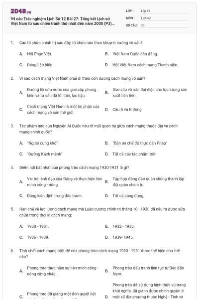94 câu  Trắc nghiệm Lịch Sử 12 Bài 27: Tổng kết Lịch sử Việt Nam từ sau chiến tranh thứ nhất đến năm 2000 (P3) có đáp án