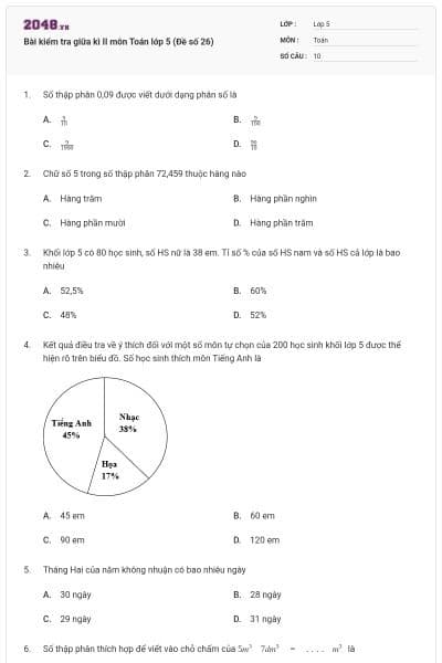 Bài kiểm tra giữa kì II môn Toán lớp 5 (Đề số 26)
