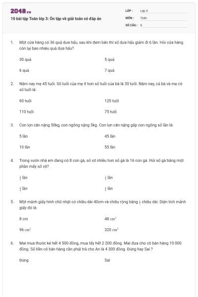 10 bài tập Toán lớp 3: Ôn tập về giải toán có đáp án