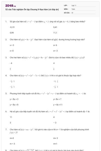 52 câu Trắc nghiệm Ôn tập Chương V-Đạo hàm (có đáp án)