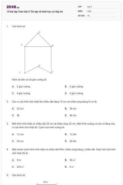 10 bài tập Toán lớp 3: Ôn tập về hình học có đáp án