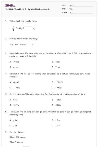 10 bài tập Toán lớp 3: Ôn tập về giải toán có đáp án