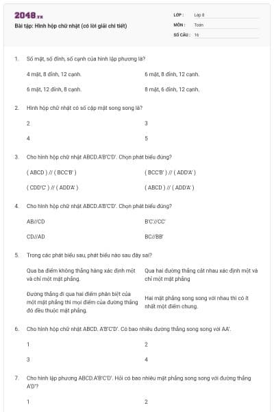 Bài tập: Hình hộp chữ nhật (có lời giải chi tiết)