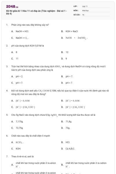 Đề thi giữa kì 1  Hóa 11 có đáp án (Trắc nghiệm - Bài số 1 - Đề 4)