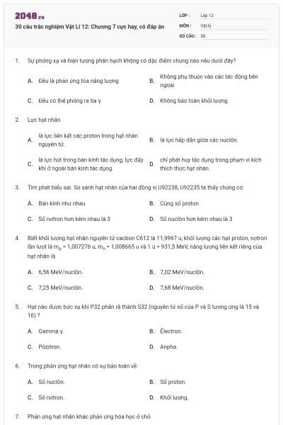 30 câu trắc nghiệm Vật Lí 12: Chương 7 cực hay, có đáp án