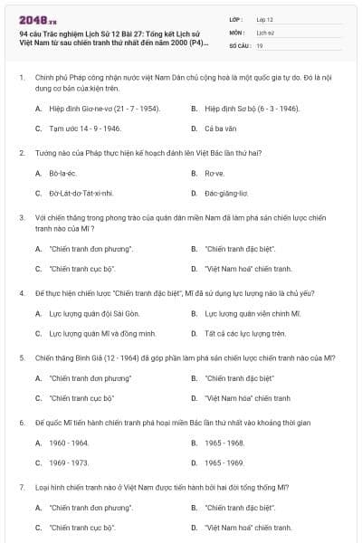 94 câu  Trắc nghiệm Lịch Sử 12 Bài 27: Tổng kết Lịch sử Việt Nam từ sau chiến tranh thứ nhất đến năm 2000 (P4) có đáp án