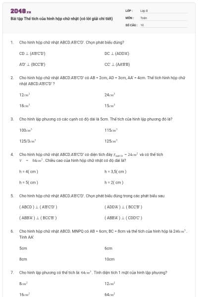 Bài tập Thể tích của hình hộp chữ nhật (có lời giải chi tiết)