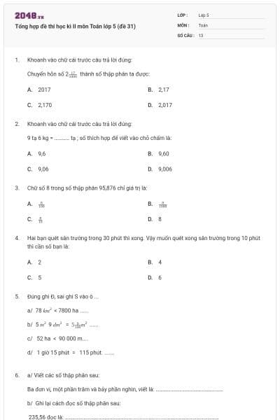 Tổng hợp đề thi học kì II môn Toán lớp 5 (đề 31)