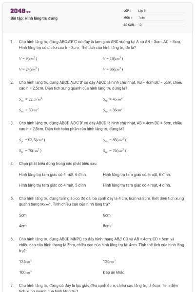 Bài tập: Hình lăng trụ đứng