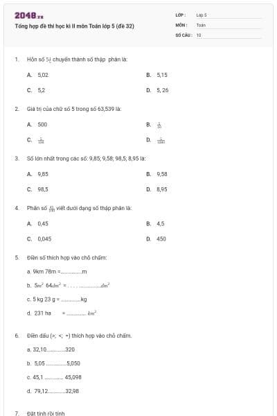 Tổng hợp đề thi học kì II môn Toán lớp 5 (đề 32)