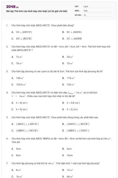 Bài tập Thể tích của hình hộp chữ nhật (có lời giải chi tiết)