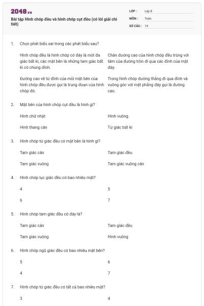 Bài tập Hình chóp đều và hình chóp cụt đều (có lời giải chi tiết)