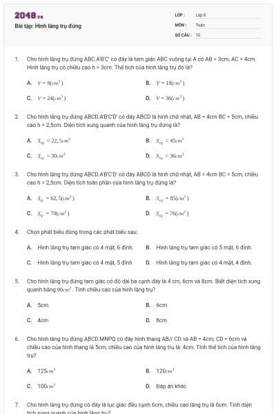 Bài tập: Hình lăng trụ đứng