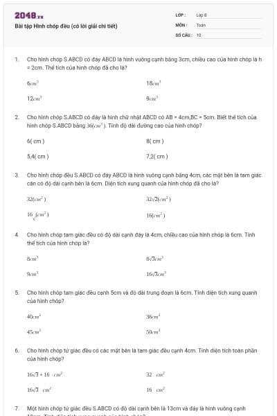 Bài tập Hình chóp đều (có lời giải chi tiết)