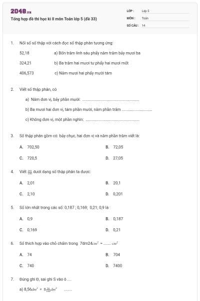 Tổng hợp đề thi học kì II môn Toán lớp 5 (đề 33)