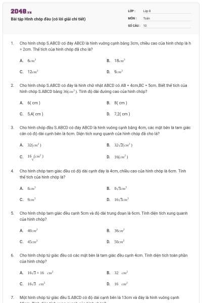 Bài tập Hình chóp đều (có lời giải chi tiết)
