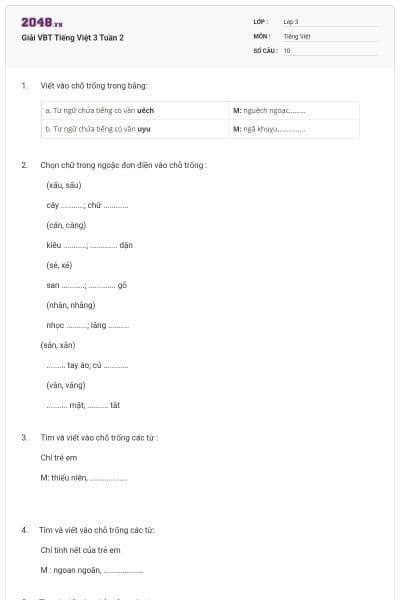 Giải VBT Tiếng Việt 3 Tuần 2