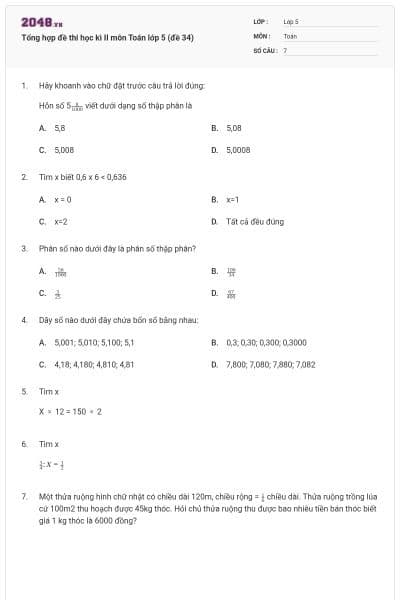 Tổng hợp đề thi học kì II môn Toán lớp 5 (đề 34)
