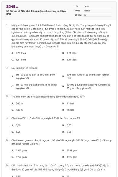 53 Bài tập về Điều chế, Độ rượu (ancol) cực hay có lời giải (P2)