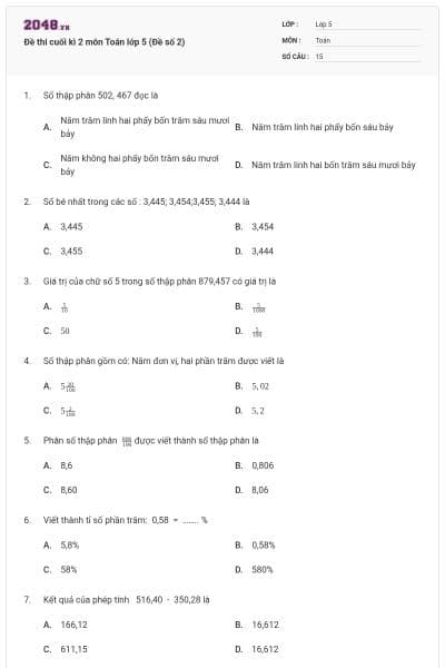 Đề thi cuối kì 2 môn Toán lớp 5 (Đề số 2)