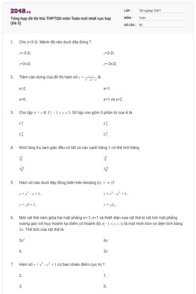 Tổng hợp đề thi thử THPTQG môn Toán mới nhất cực hay (Đề 5)