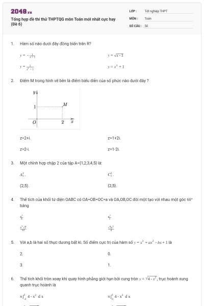 Tổng hợp đề thi thử THPTQG môn Toán mới nhất cực hay (Đề 6)