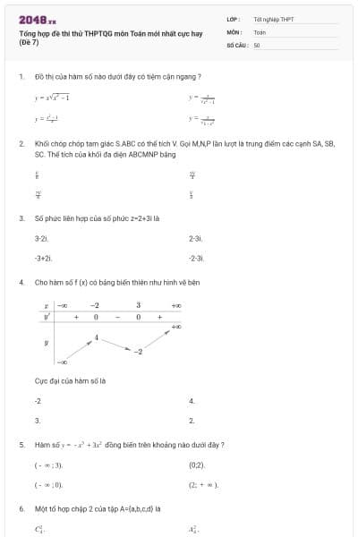 Tổng hợp đề thi thử THPTQG môn Toán mới nhất cực hay (Đề 7)