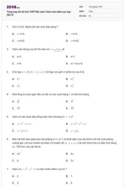 Tổng hợp đề thi thử THPTQG môn Toán mới nhất cực hay (Đề 5)