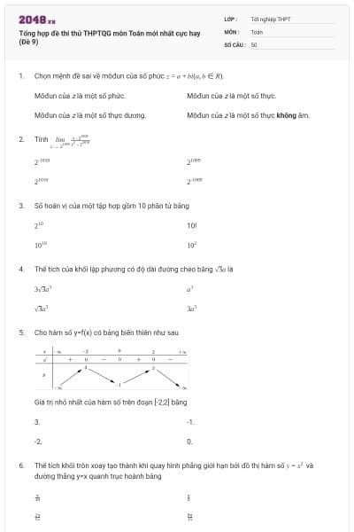Tổng hợp đề thi thử THPTQG môn Toán mới nhất cực hay (Đề 9)