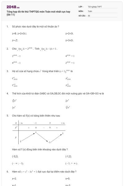 Tổng hợp đề thi thử THPTQG môn Toán mới nhất cực hay (Đề 11)