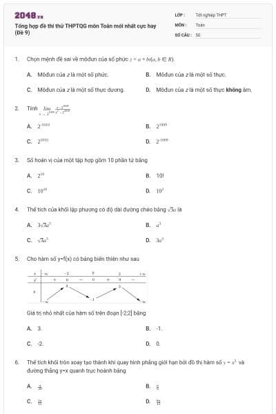 Tổng hợp đề thi thử THPTQG môn Toán mới nhất cực hay (Đề 9)