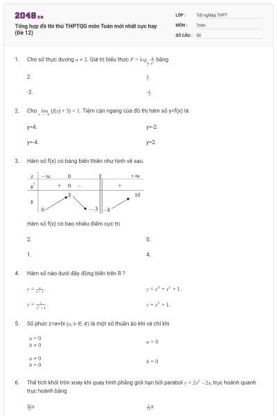 Tổng hợp đề thi thử THPTQG môn Toán mới nhất cực hay (Đề 12)