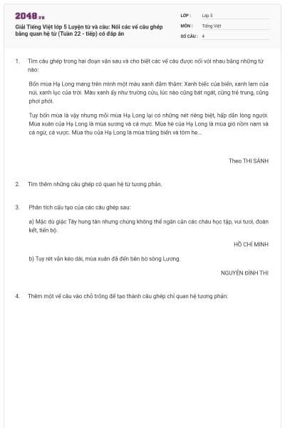 Giải Tiếng Việt lớp 5 Luyện từ và câu: Nối các vế câu ghép bằng quan hệ từ (Tuần 22 - tiếp) có đáp án