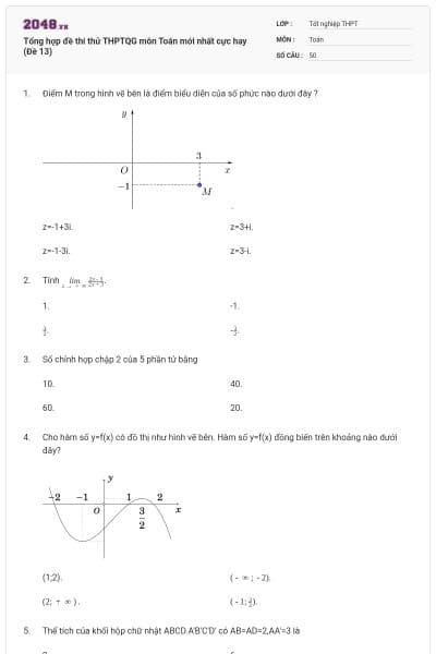 Tổng hợp đề thi thử THPTQG môn Toán mới nhất cực hay (Đề 13)