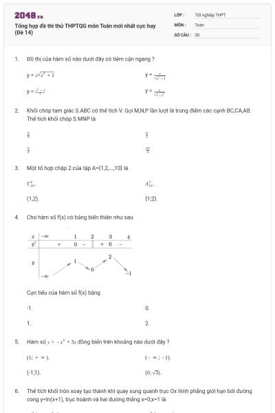 Tổng hợp đề thi thử THPTQG môn Toán mới nhất cực hay (Đề 14)