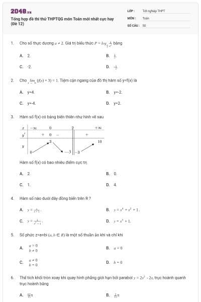 Tổng hợp đề thi thử THPTQG môn Toán mới nhất cực hay (Đề 12)
