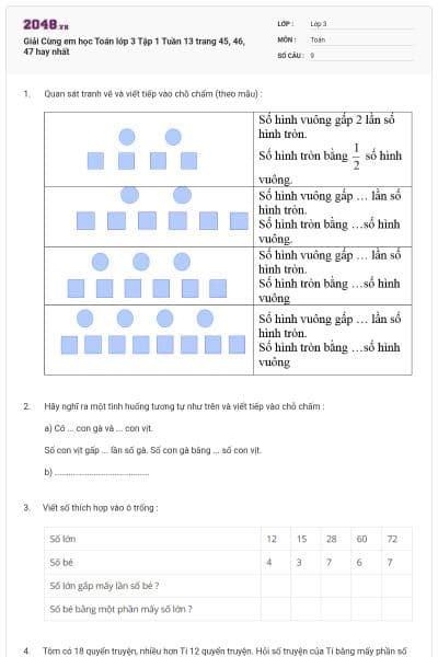 Giải Cùng em học Toán lớp 3 Tập 1 Tuần 13 trang 45, 46, 47 hay nhất