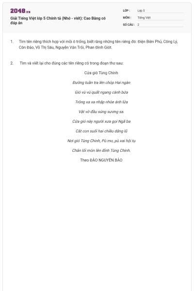 Giải Tiếng Việt lớp 5 Chính tả (Nhớ - viết): Cao Bằng có đáp án