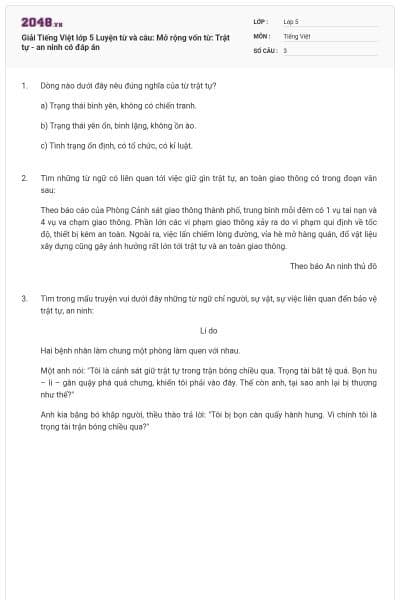 Giải Tiếng Việt lớp 5 Luyện từ và câu: Mở rộng vốn từ: Trật tự - an ninh có đáp án