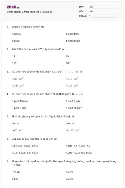 Đề thi cuối kì 2 môn Toán lớp 5 (Đề số 5)