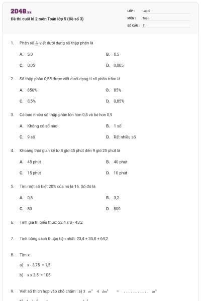 Đề thi cuối kì 2 môn Toán lớp 5 (Đề số 3)