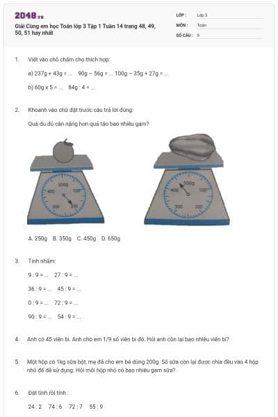Giải Cùng em học Toán lớp 3 Tập 1 Tuần 14 trang 48, 49, 50, 51 hay nhất