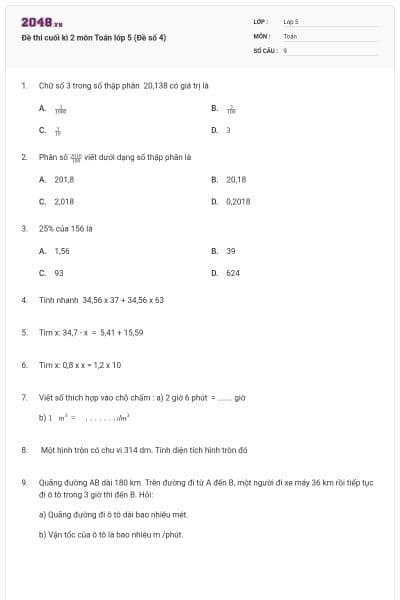 Đề thi cuối kì 2 môn Toán lớp 5 (Đề số 4)