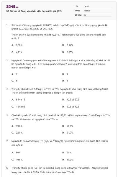 50 Bài tập về Đồng vị cơ bản siêu hay có lời giải (P2)